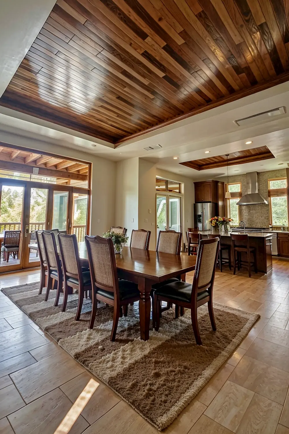 Upscale Dining Area with Smooth Wood Ceiling Panels