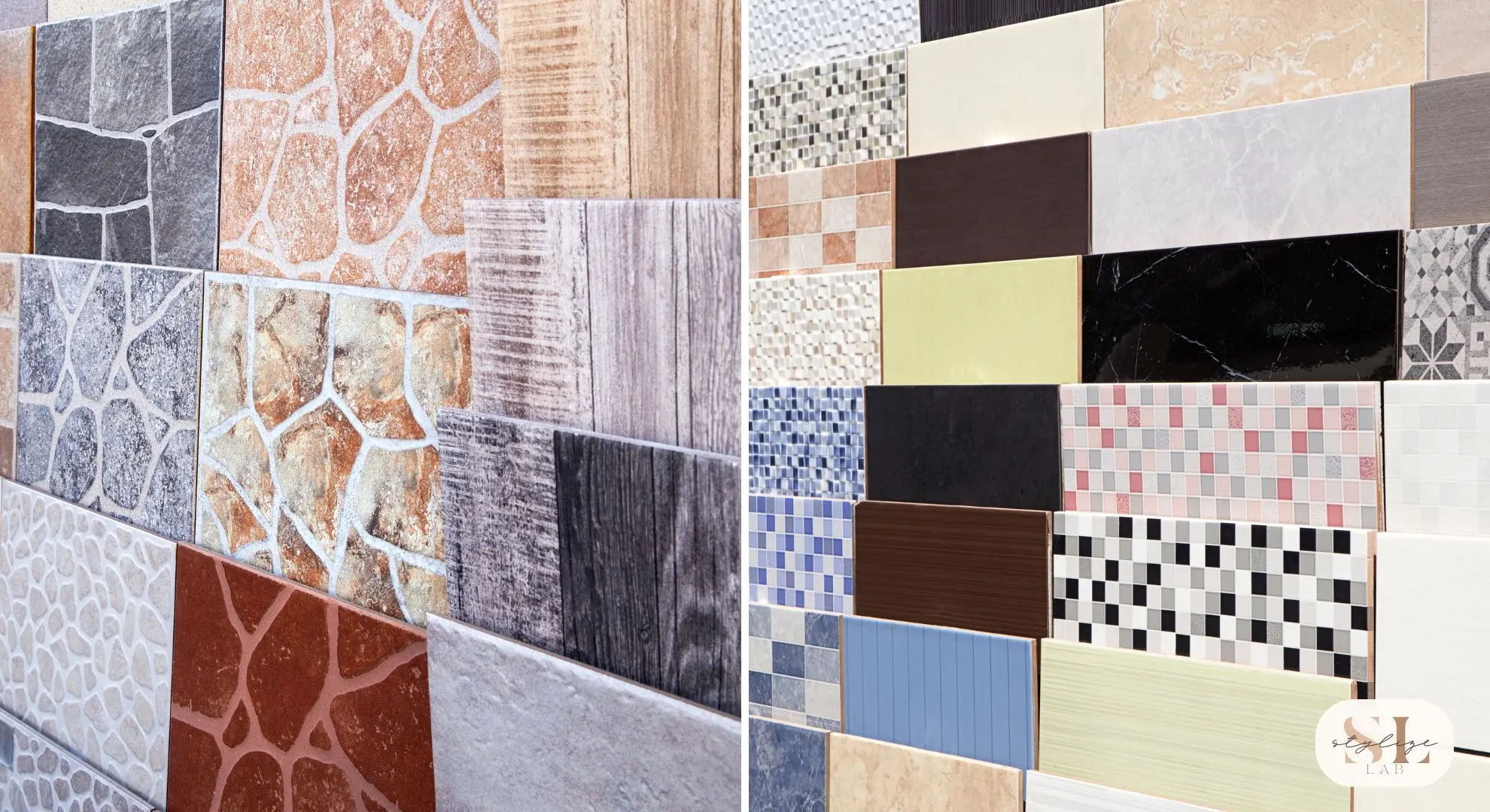 Various textured tiles in earthy tones and patterns on a display wall and Colorful tiles in different shapes and patterns arranged on a wall display ceramic and porcelain tiles