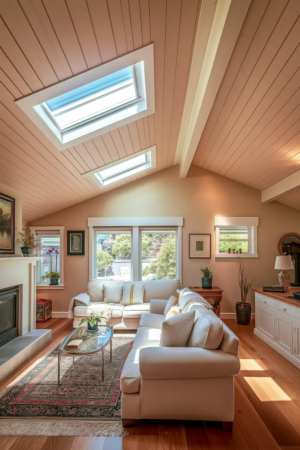 Vaulted Ceilings with skylights, soft colors living room-2