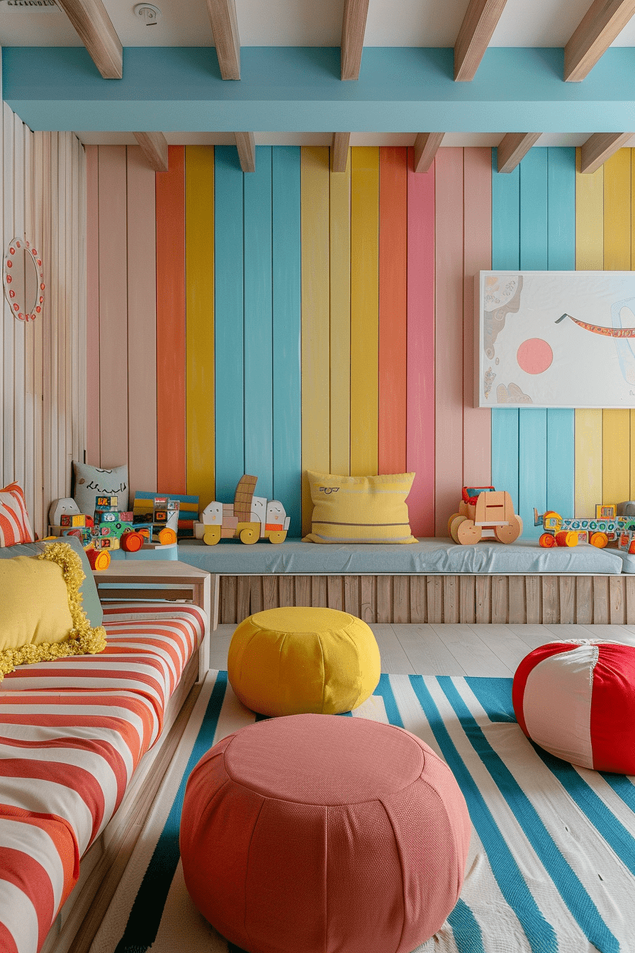 Vertical painted planks wall paneling in a kids' playroom, colorful and playful decor, imaginative and fun children’s space