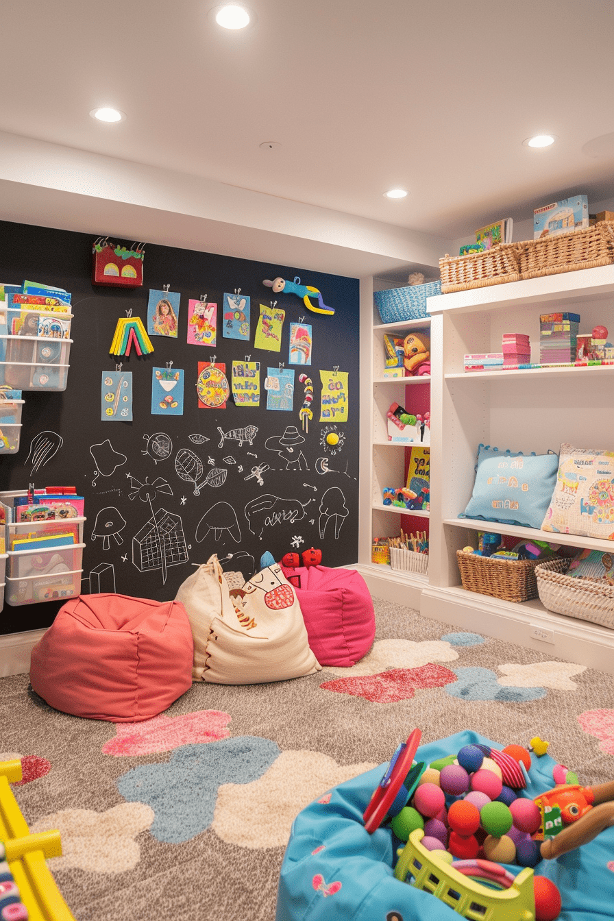 Vibrant basement playroom with colorful decor and interactive areas for kids, featuring chalkboard walls and cozy reading nooks