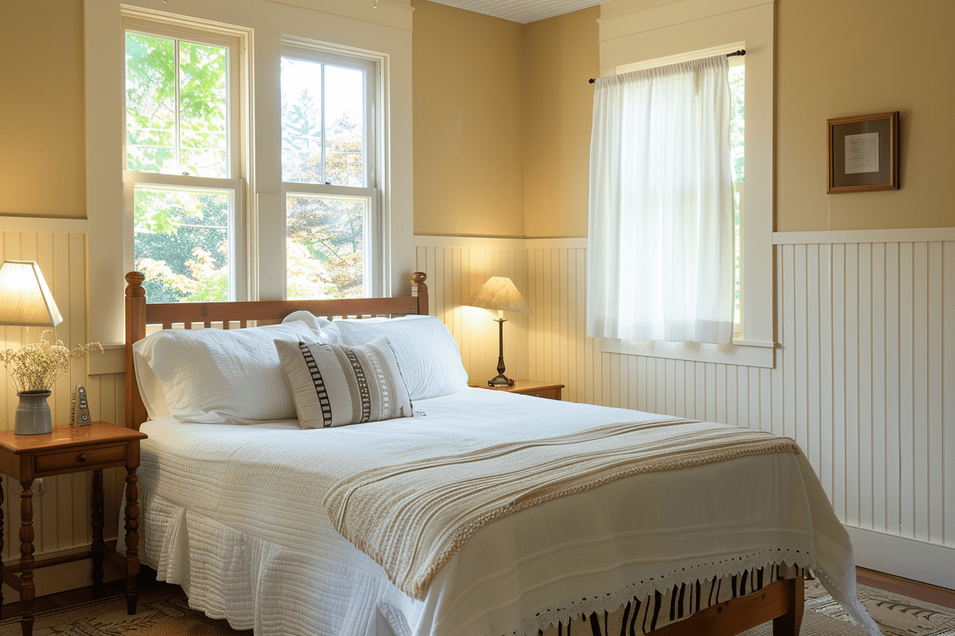 Warm cream beadboard wall paneling in a cozy bedroom creating a tranquil ambiance