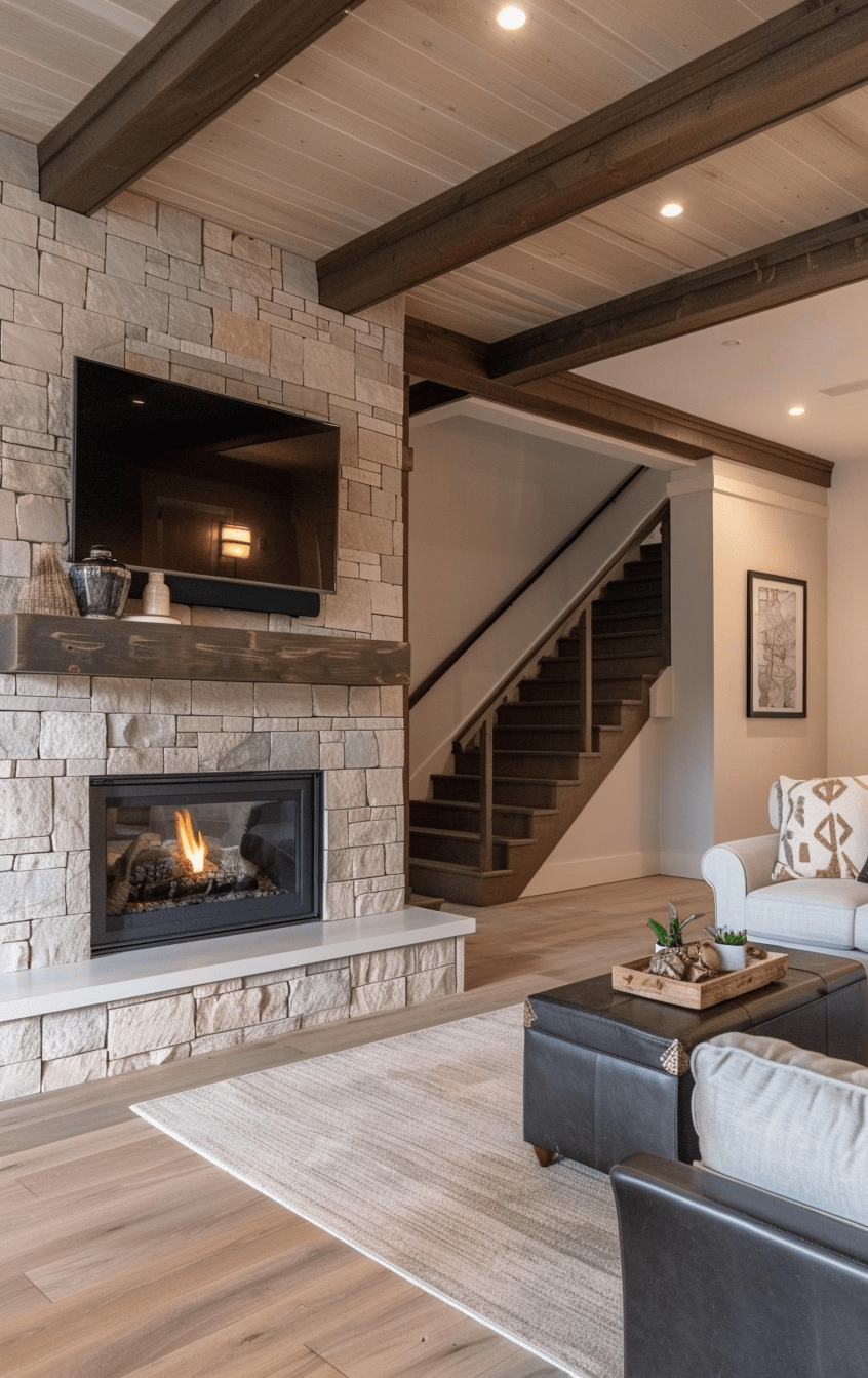 Warm-toned basement family room with fireplace and staircase