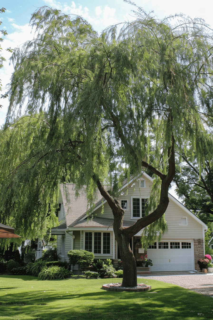 Weeping Willow Tree Enhancing Entrance Front Yard House