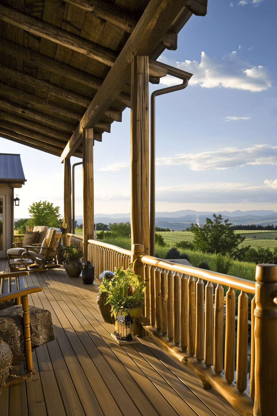 Wide shot of a spacious farmhouse deck featuring a wooden railing, outdoor furniture, and warm lighting at sunset.