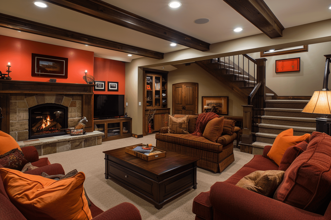 basement family room featuring warm tones of reds, oranges, and yellows. Plush, comfortable furniture is arranged around a central fireplace