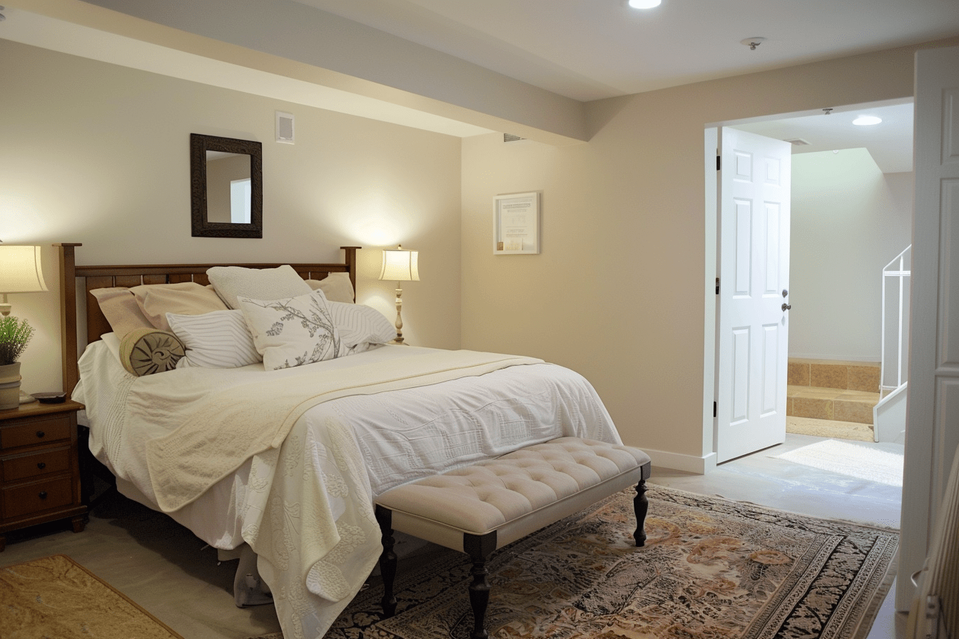 basement guest room, neutral colors