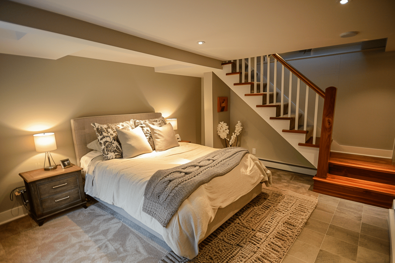 basement guest room with bed interior staircase