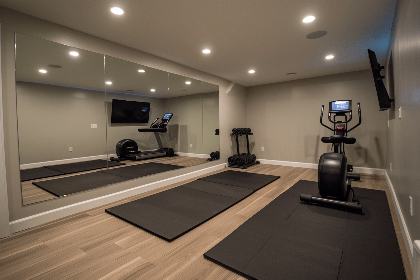 basement gym with mirror wall, home workout equipment, rubber mats flooring, modern lighting, TV