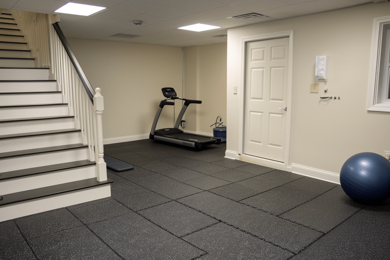 basement house gym with rubber mat floor