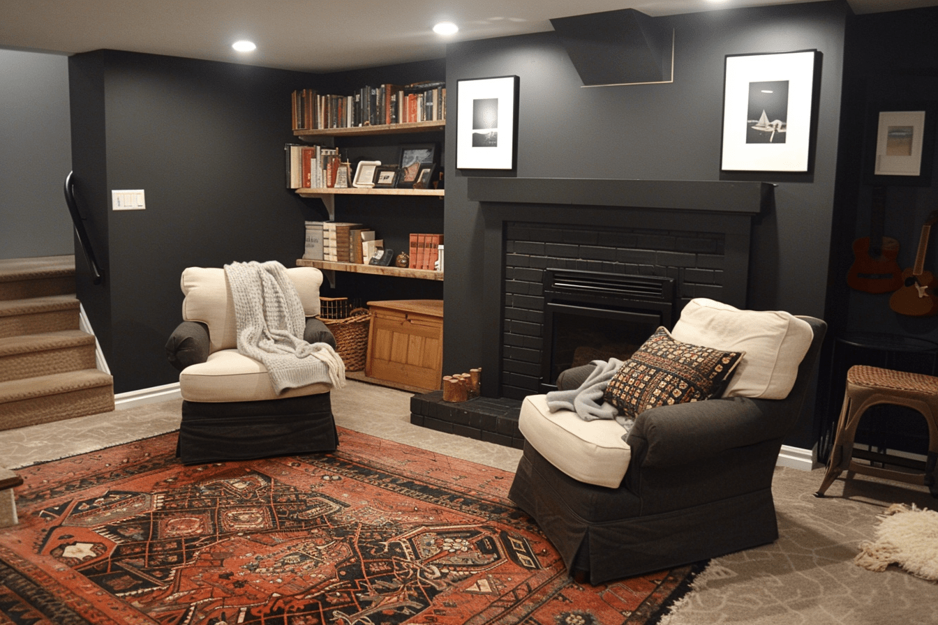 basement reading corner with charcoal walls, plush seating, and a wooden staircase in the background