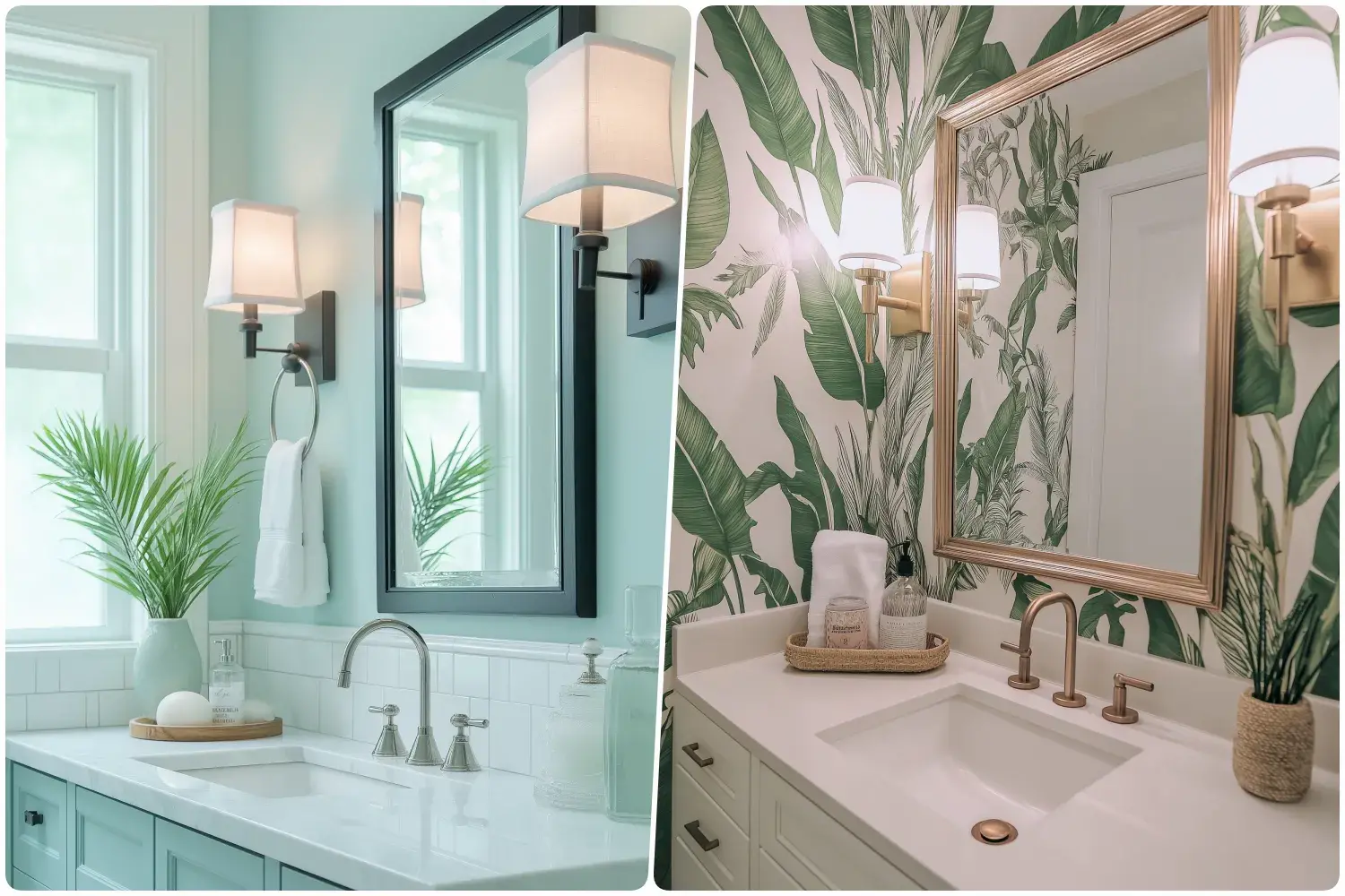 bathroom with green walls modern fixtures and stylish wall sconces and large mirror and decorative wall sconces with greenery wallpaper