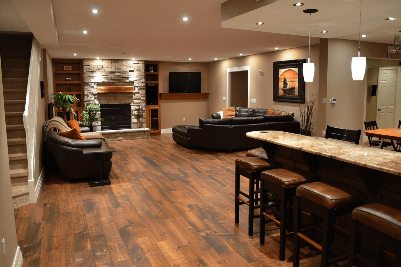 big basement bar, kitchen, couch family living room area