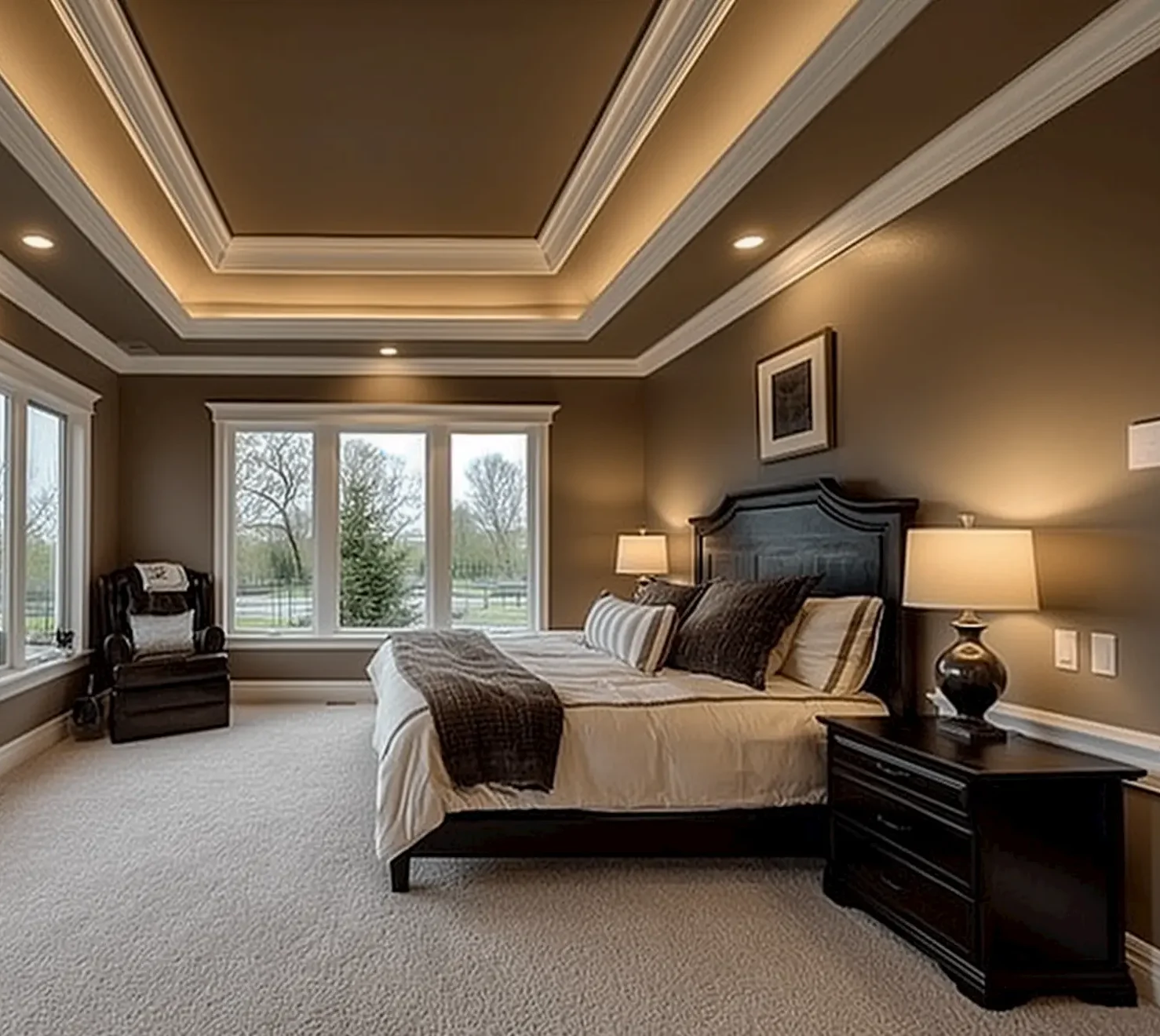 big bedroom with tray ceiling