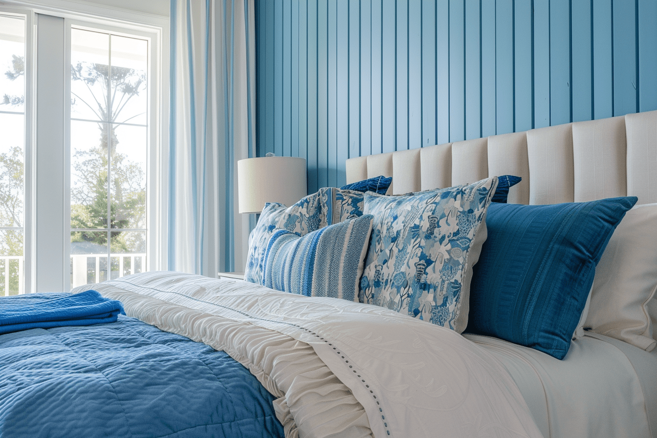 blue Mixed textured blue vertical wall panels in a cozy bedroom