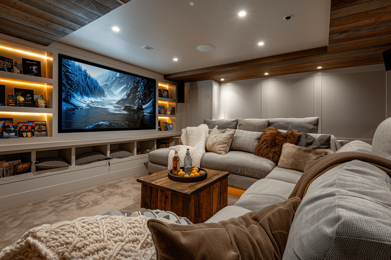 cozy basement home theater with sectional sofa