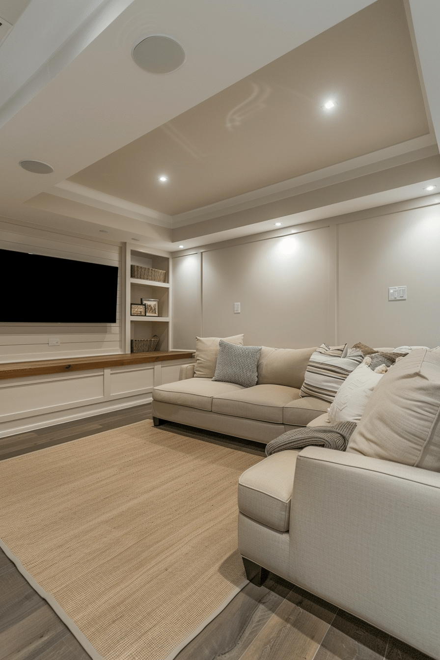 cozy white minimalism basement , neutral colors clean