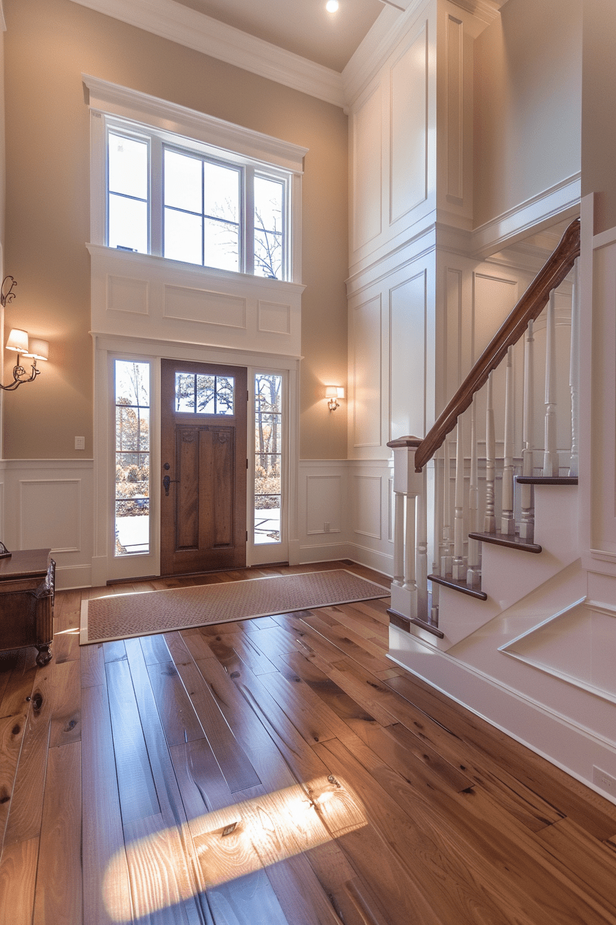 entryway with wainscoting, hardwood floor, and sophisticated décor welcoming guests