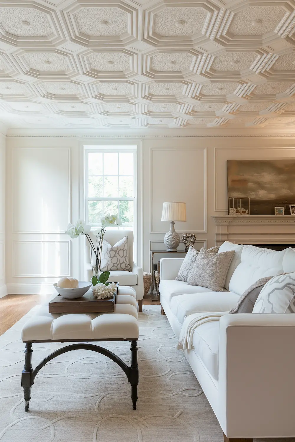 geometric patterns ceiling white living room