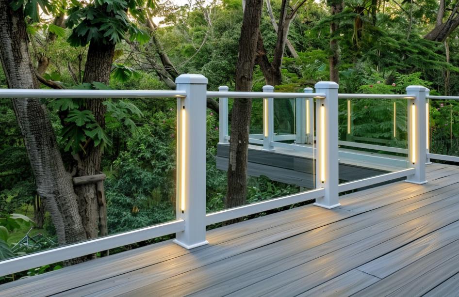 glass deck railing with LED lights each railing post