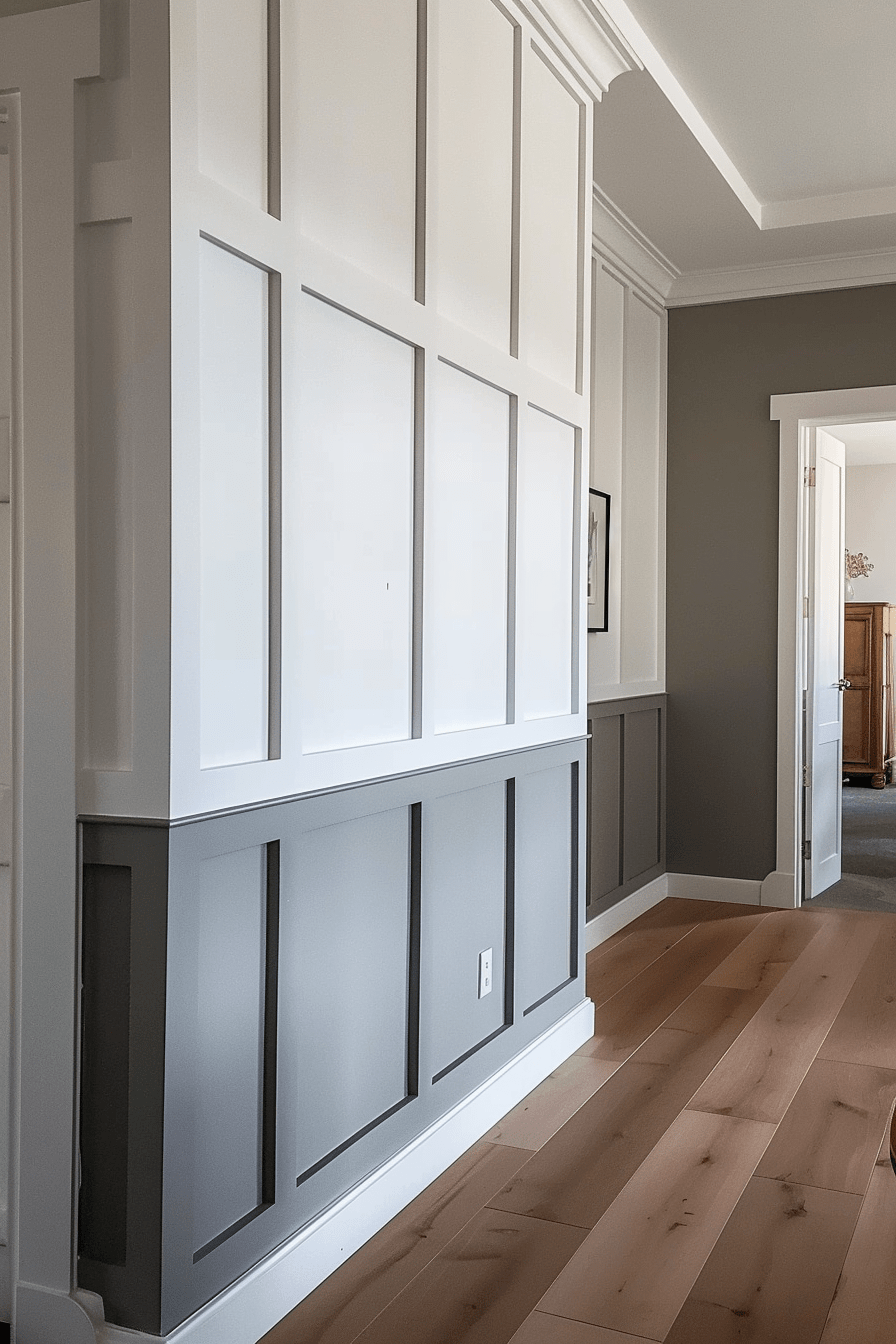 grey and white wall paneling board batten