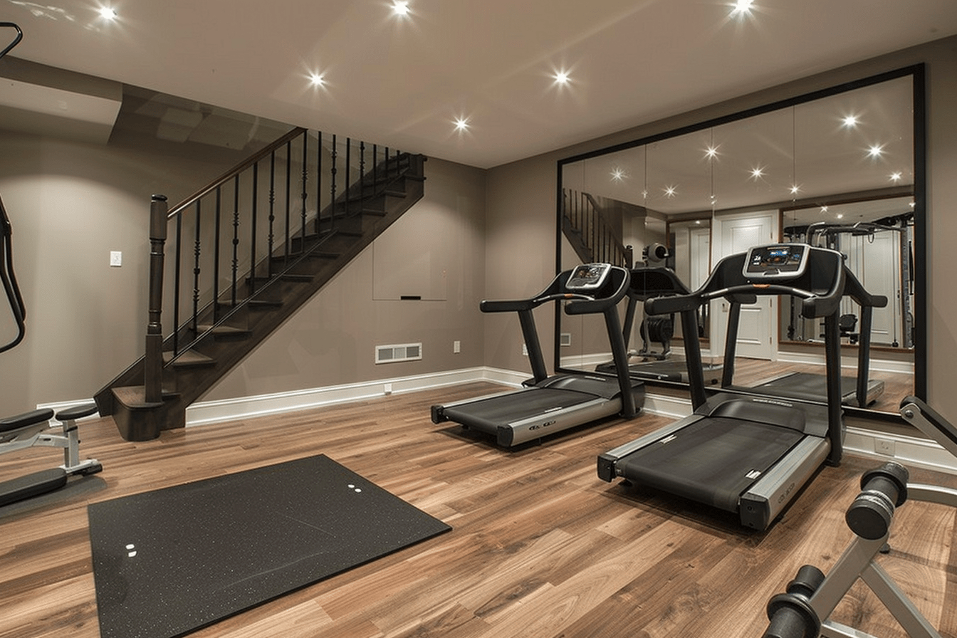 home basement gym rubber mats and mirror wall