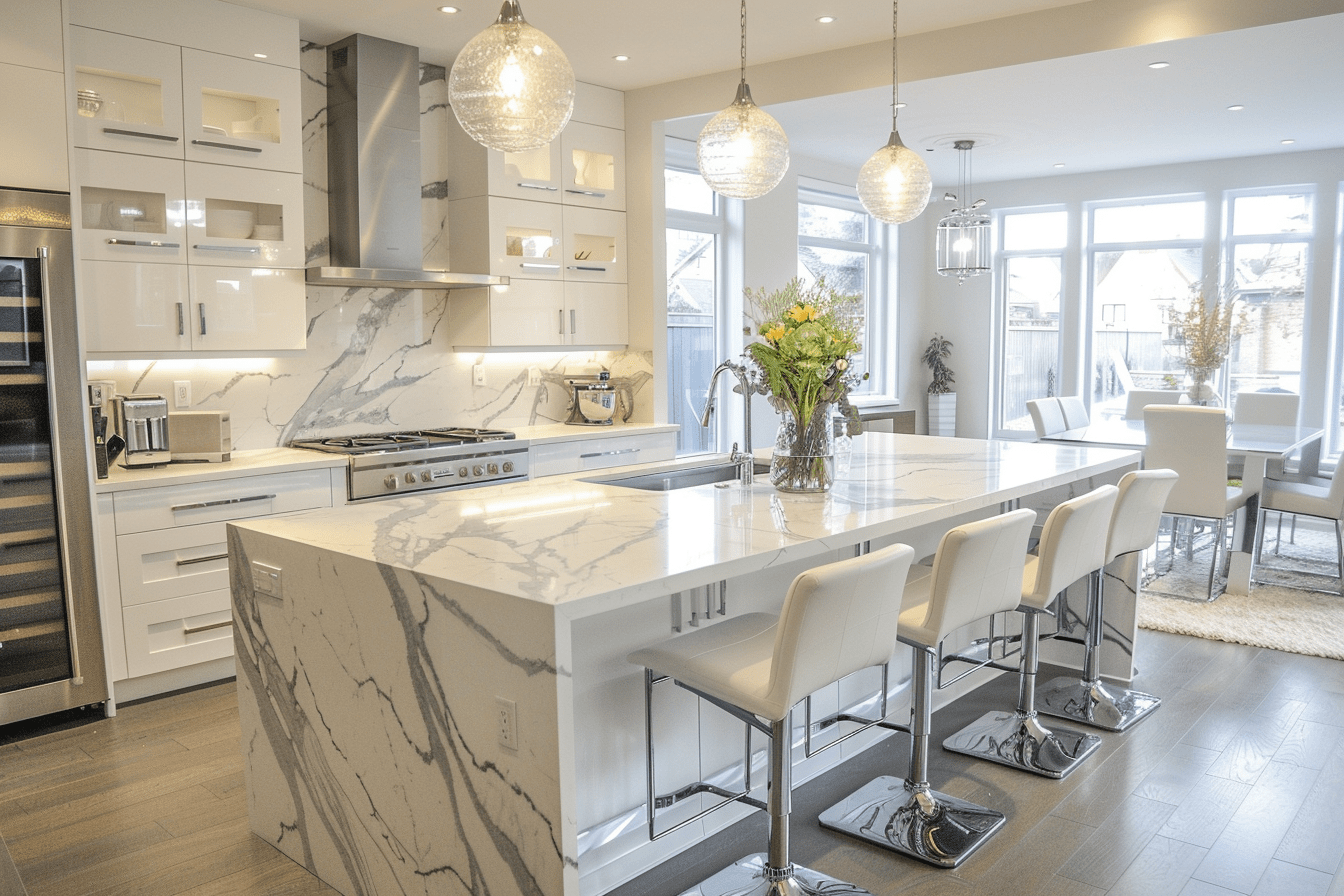 kitchen with central island and backless bar stools featuring chrome frames and white leather seats