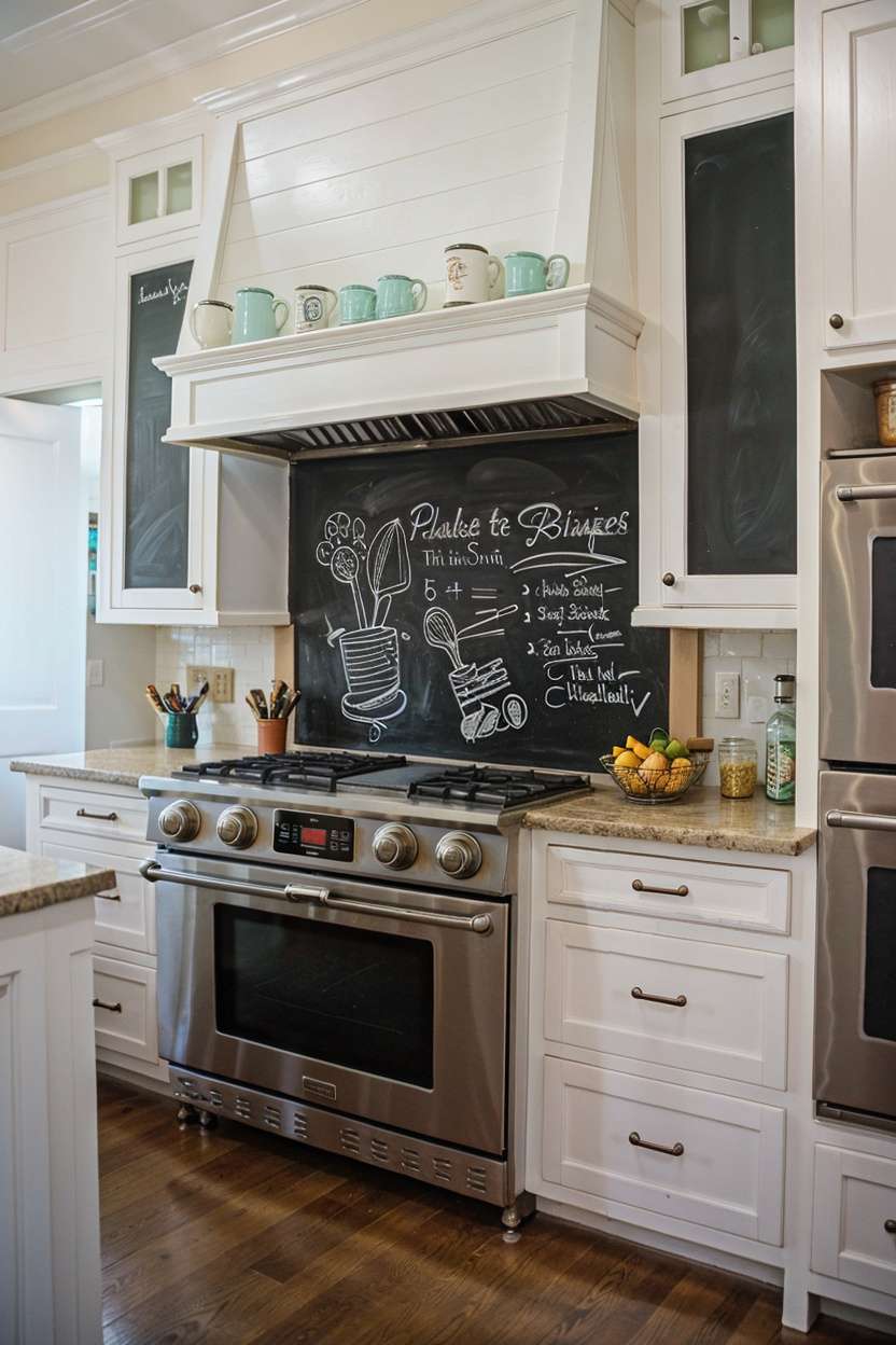 kitchen with chalkboard wall panels oven