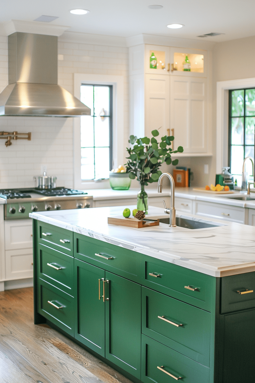 kitchen with emerald green kitchen island and white marble countertops