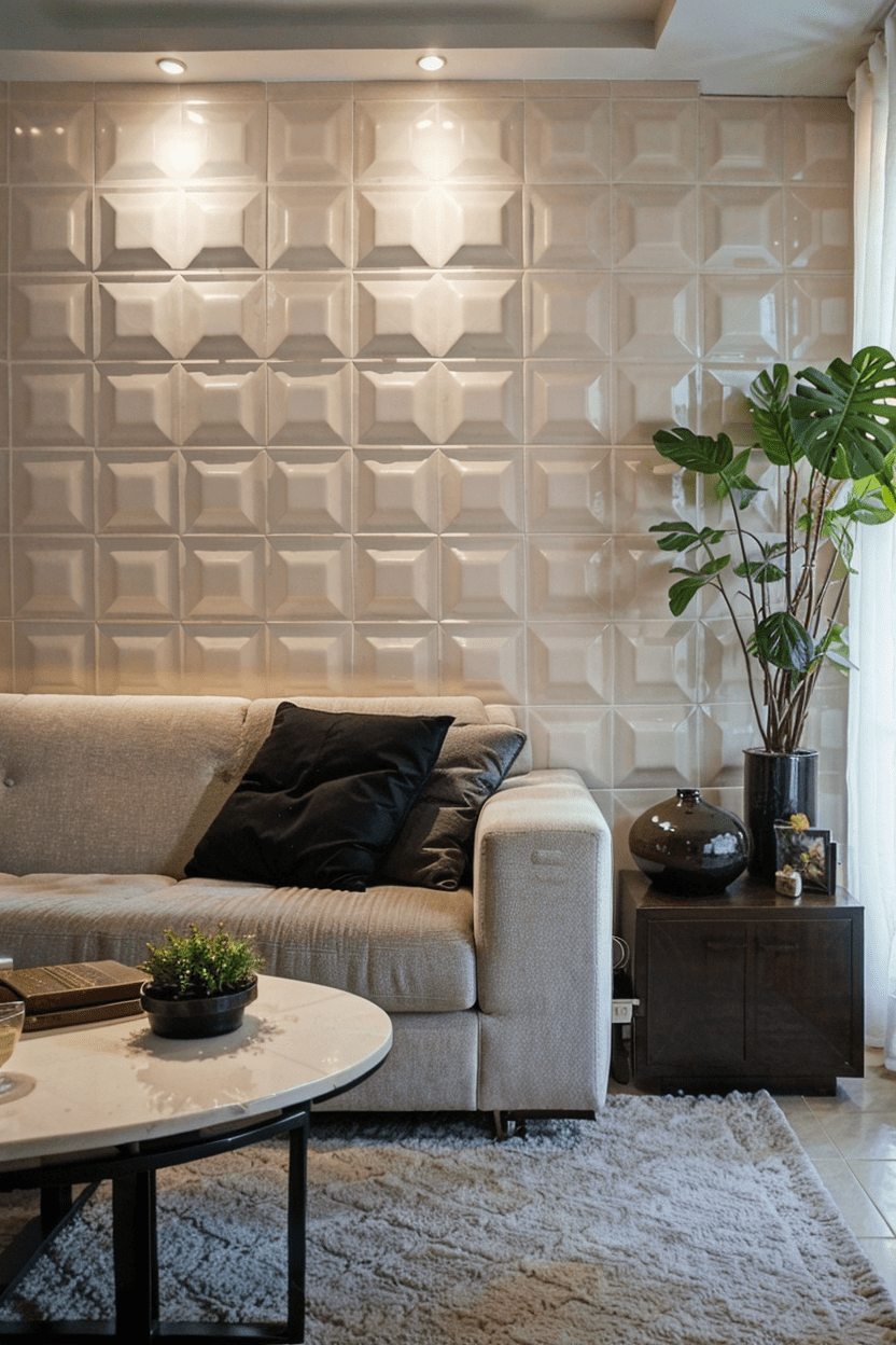 living room decorative tile effect wall paneling subway tile