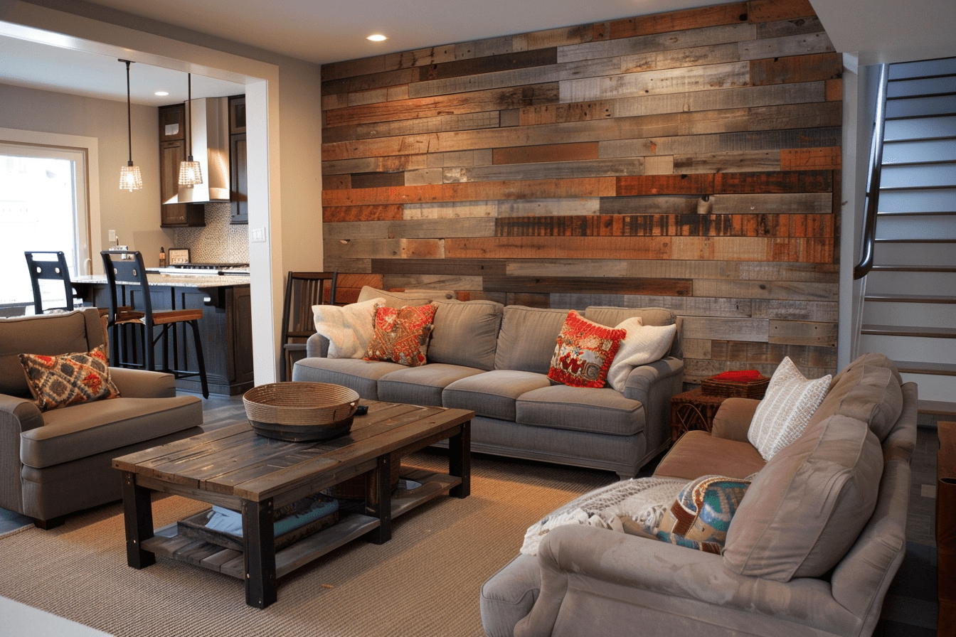 living room rustic reclaimed wood wall panels, providing depth and character to the space