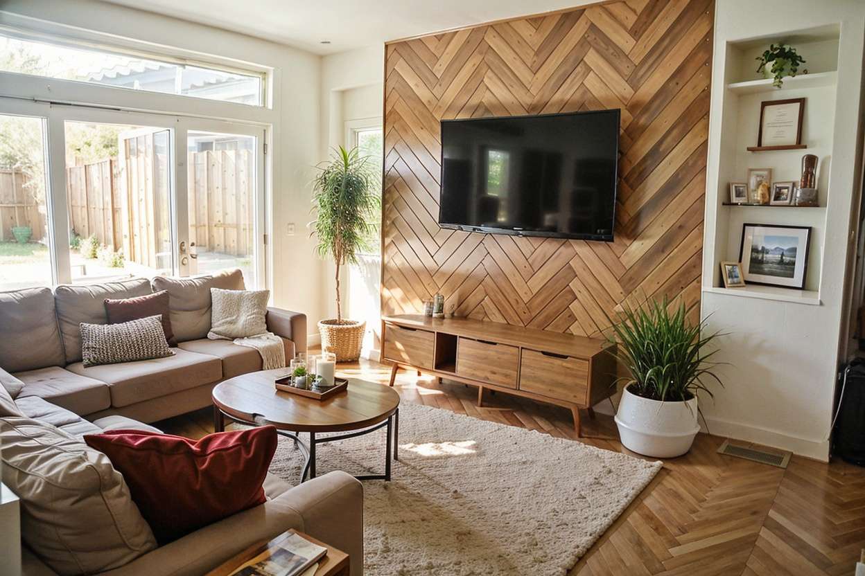 living room with chevron pattern wall panels wood and luxury decor