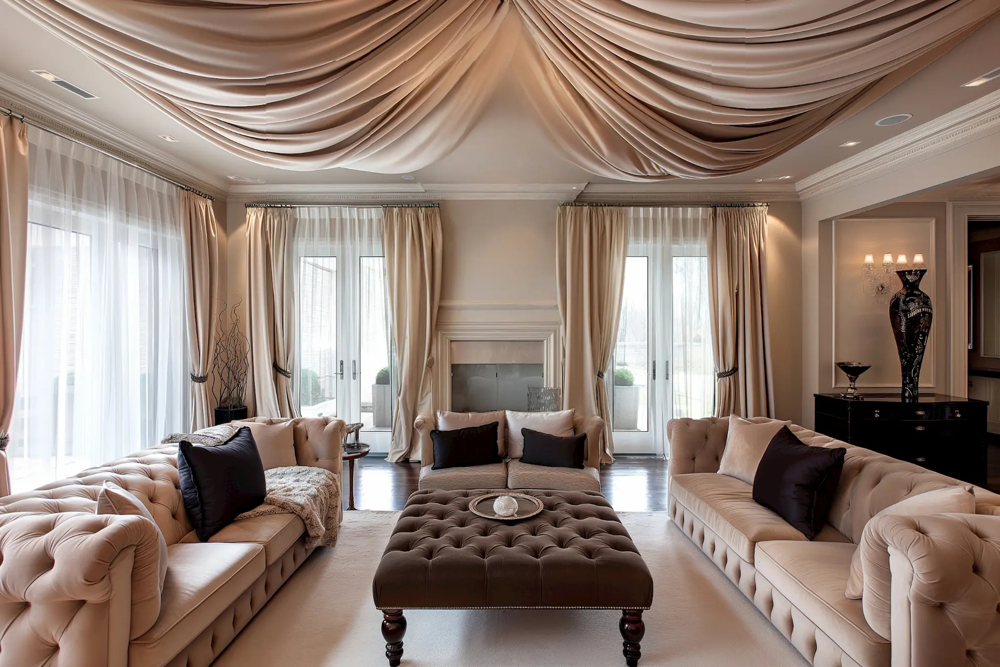 living room with fabric-draped ceiling, velvet furniture, soft colors tones.