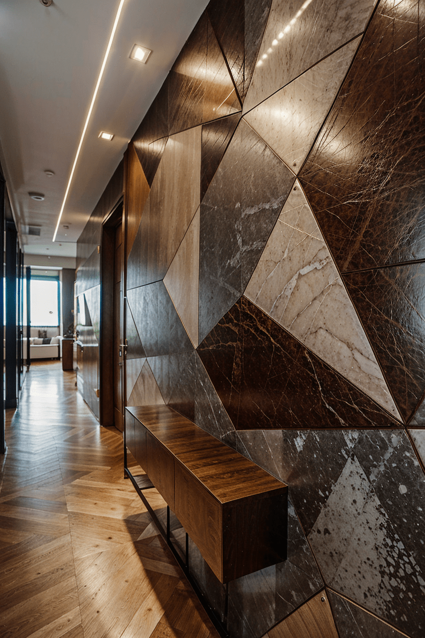 metallic and glass geometric wall paneling for entrance hallway, luxurious modern wall decor