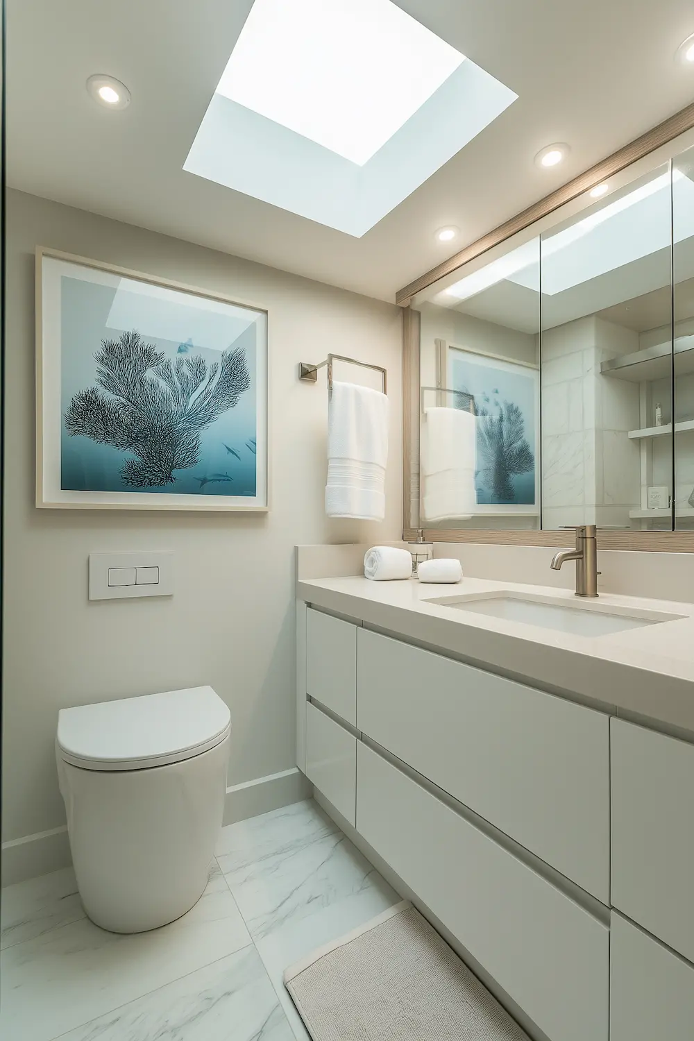 minimalist small bathroom designed with a single tubular skylight