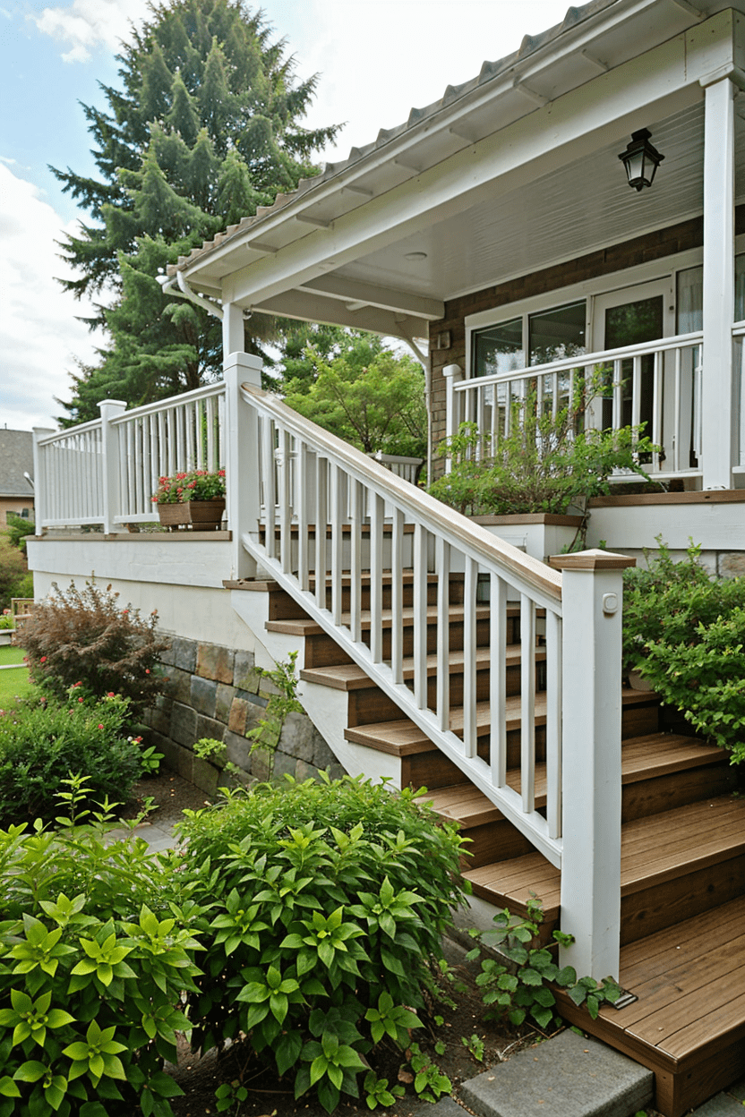 modern home’s backyard with a classic wooden deck railing, painted white, surrounded by lush shrubs and plants.