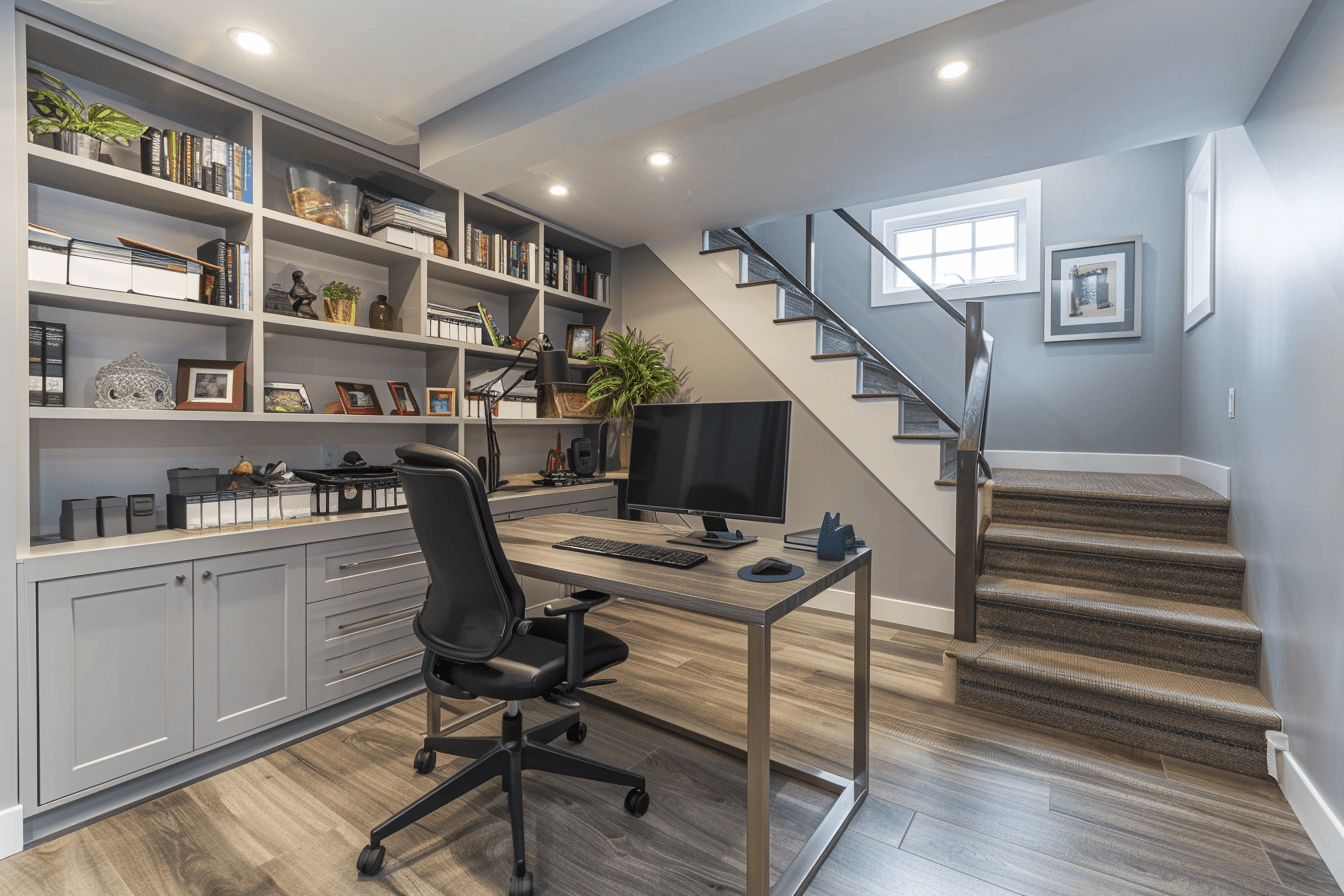 serene basement home office designed with cool tones of blues, greens, and purples. The space features a modern desk with an ergonomic chair - Cool-toned basement home office with desk and staircase