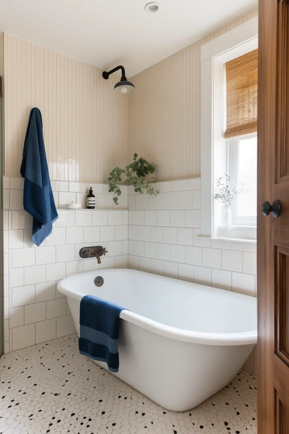 shower over bath Modern bathroom featuring a white bathtub with blue towels and plants in a cozy setting