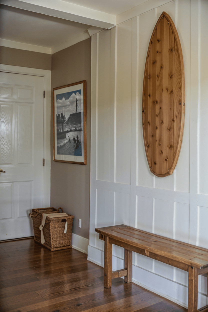 wall panel board and batten style with surfboard into the wall