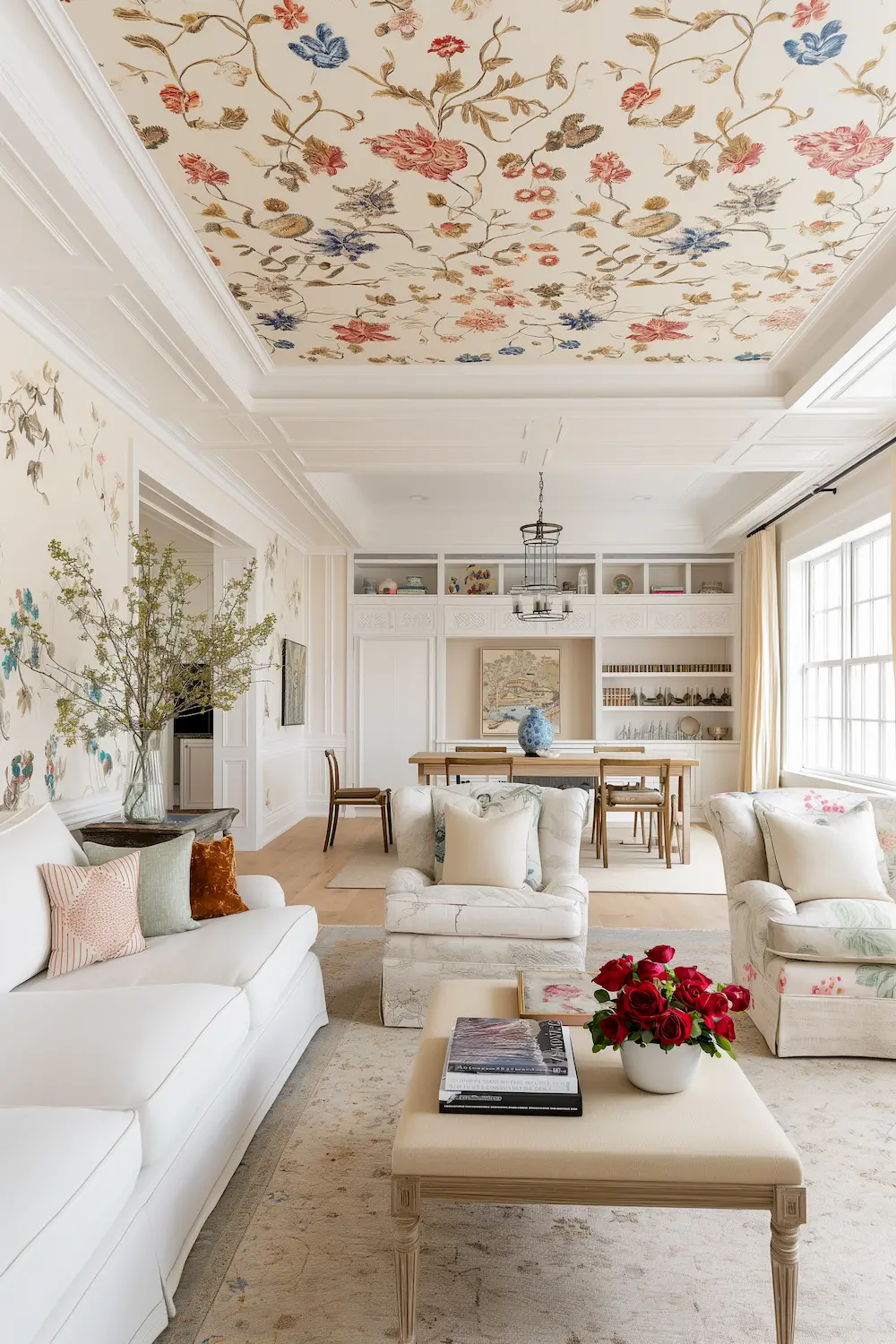 wallpaper ceiling floral, off white, living room