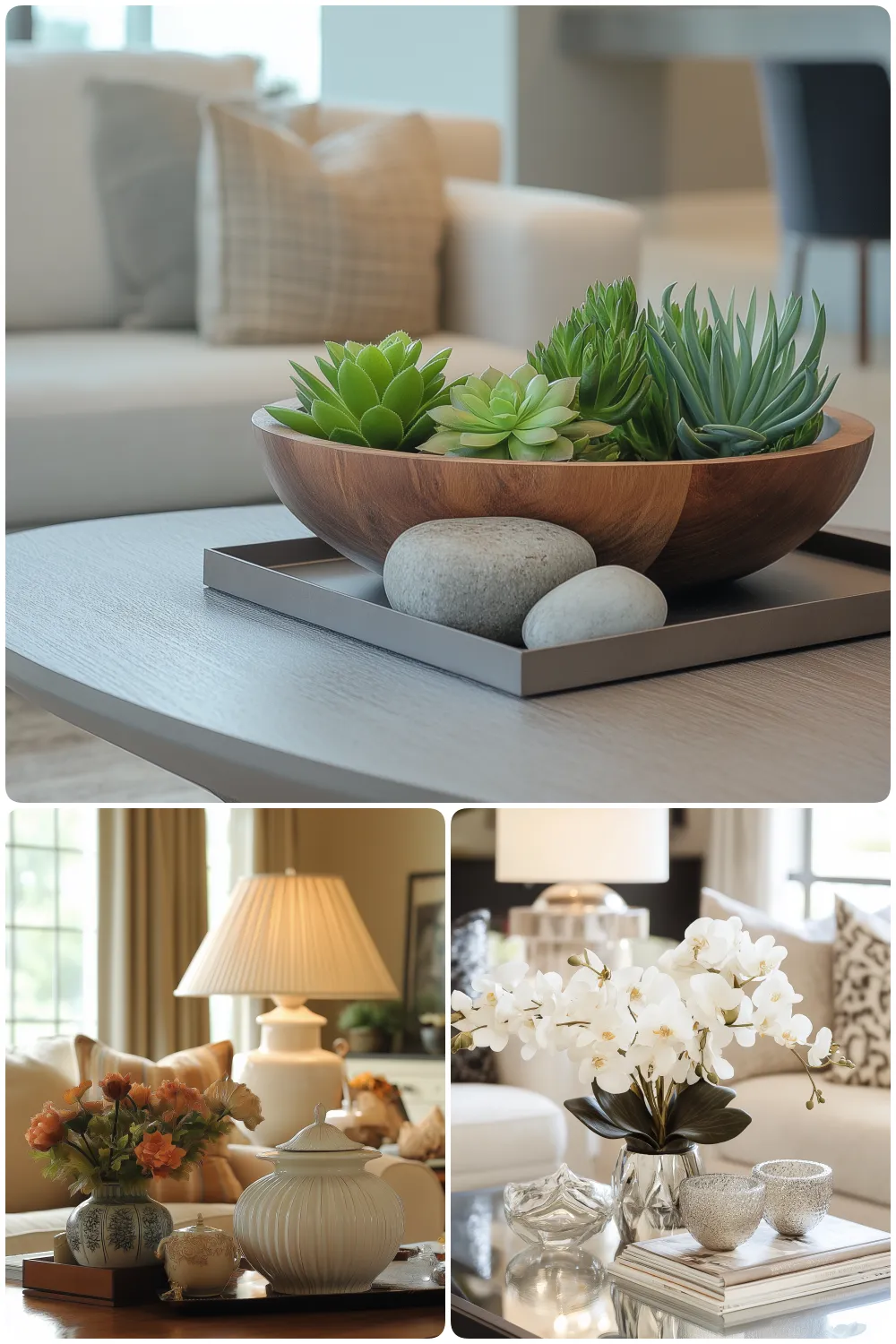 A beautifully styled living room featuring a wooden bowl with succulents and pebbles on a coffee table, a warm lamp next to a flower vase, and an elegant glass vase