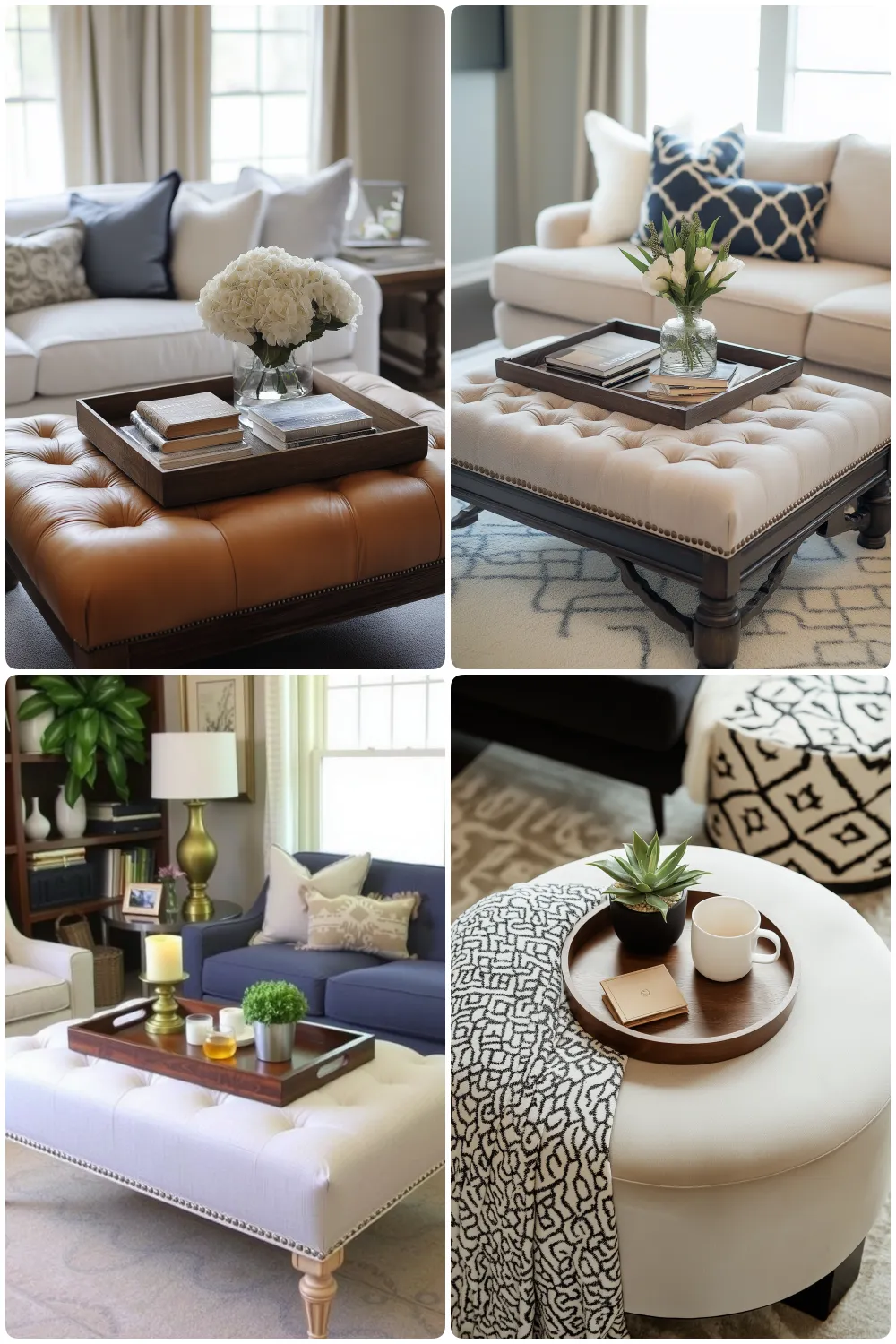 A collage of four living room settings featuring various coffee tables including tufted ottomans and decorative trays with plants and books