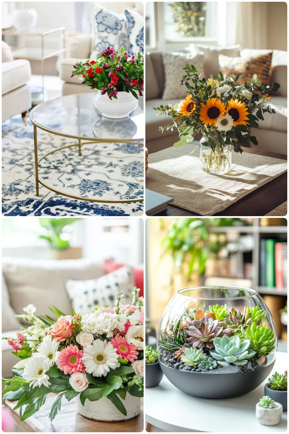 A cozy living room featuring a glass coffee table with bright flowers a vibrant bouquet of sunflowers a floral arrangement of pink and white blossoms on a couch and a glass terrarium