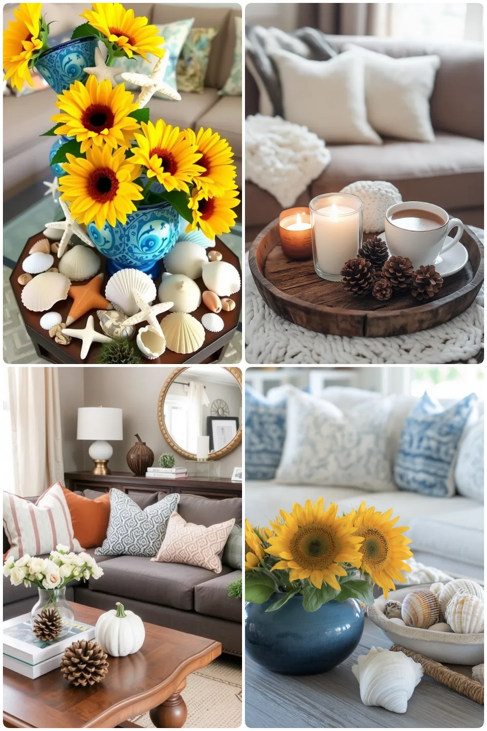 Arrangement of bright sunflowers in a blue vase with seashells and starfish on a table; wooden tray holds candles and coffee surrounded by pinecones