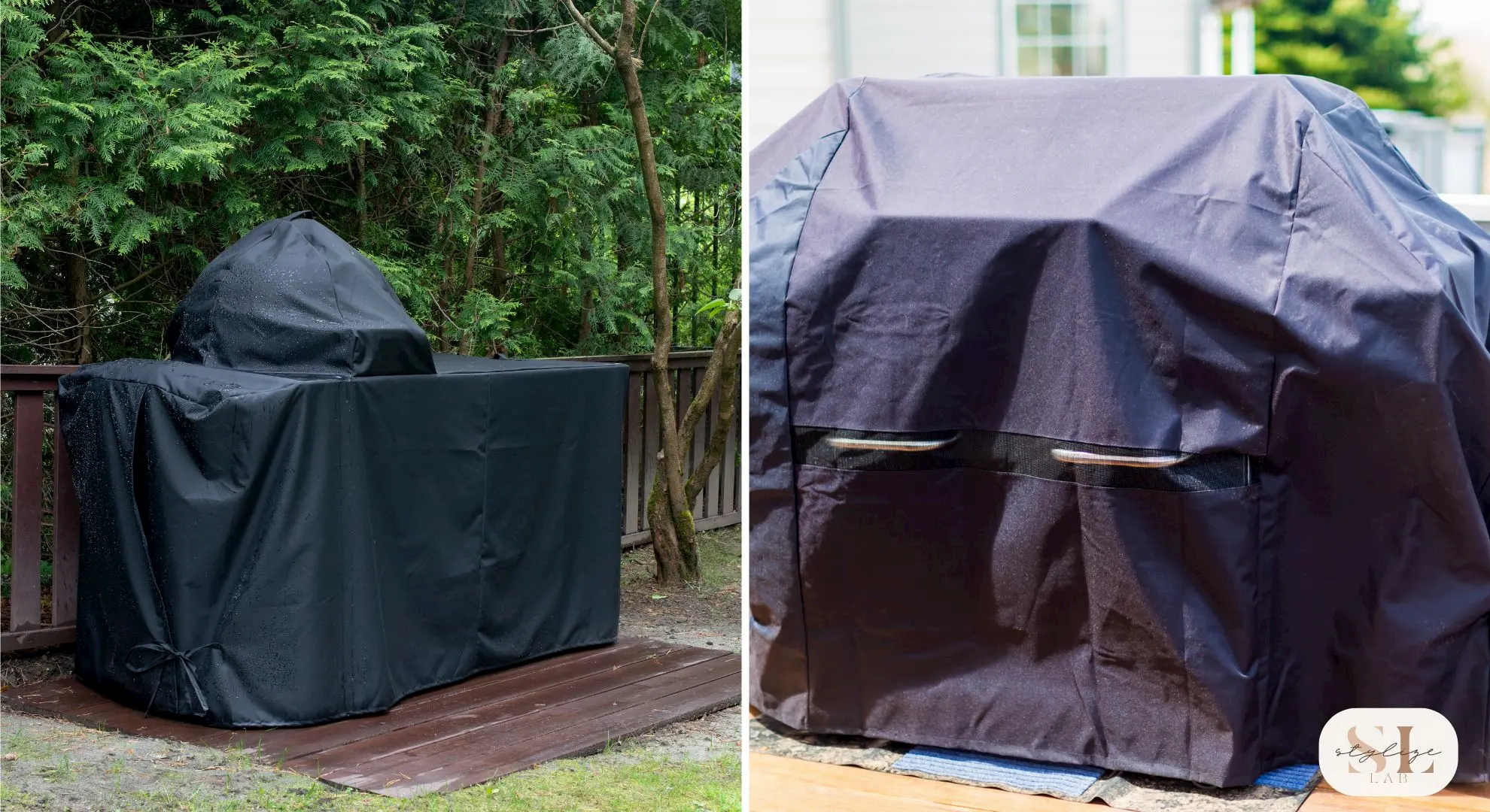 Black waterproof cover on outdoor grill with greenery in the background, Close-up of dark grill cover with straps on wooden deck under sunlight