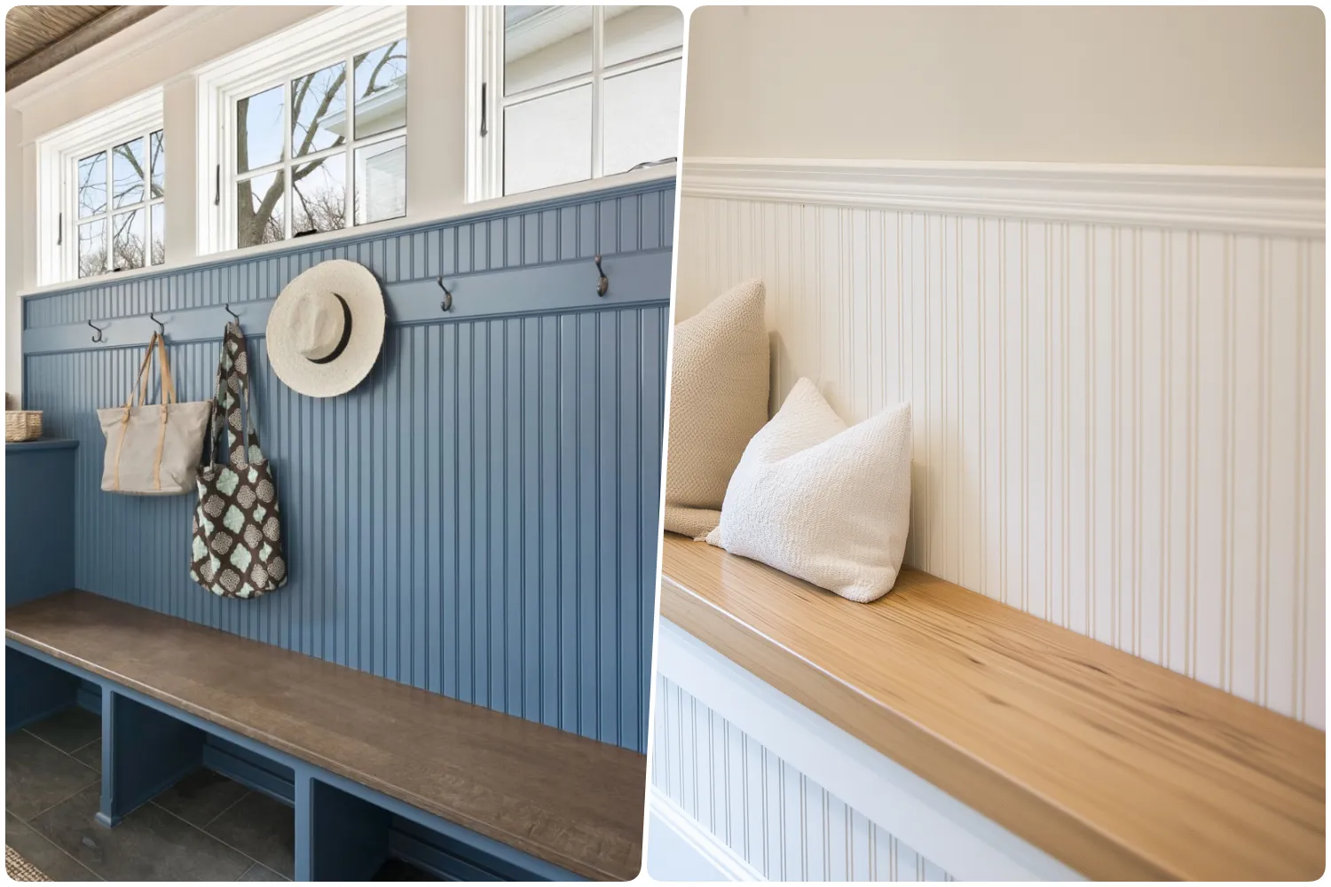 Blue beadboard wall, mudroom entryway area with shelves hooks and bags next to simple wooden seating Light colored beadboard wall with two soft pillows on a wooden bench