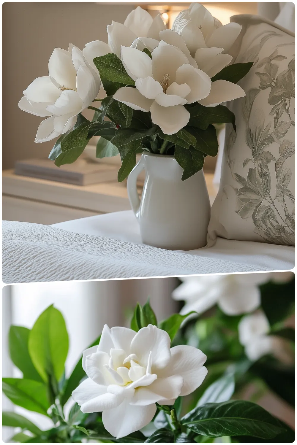 Bouquet of white magnolia flowers in a small white pitcher on a bedside table, Close-up of a white gardenia bloom surrounded by green leaves in a soft light