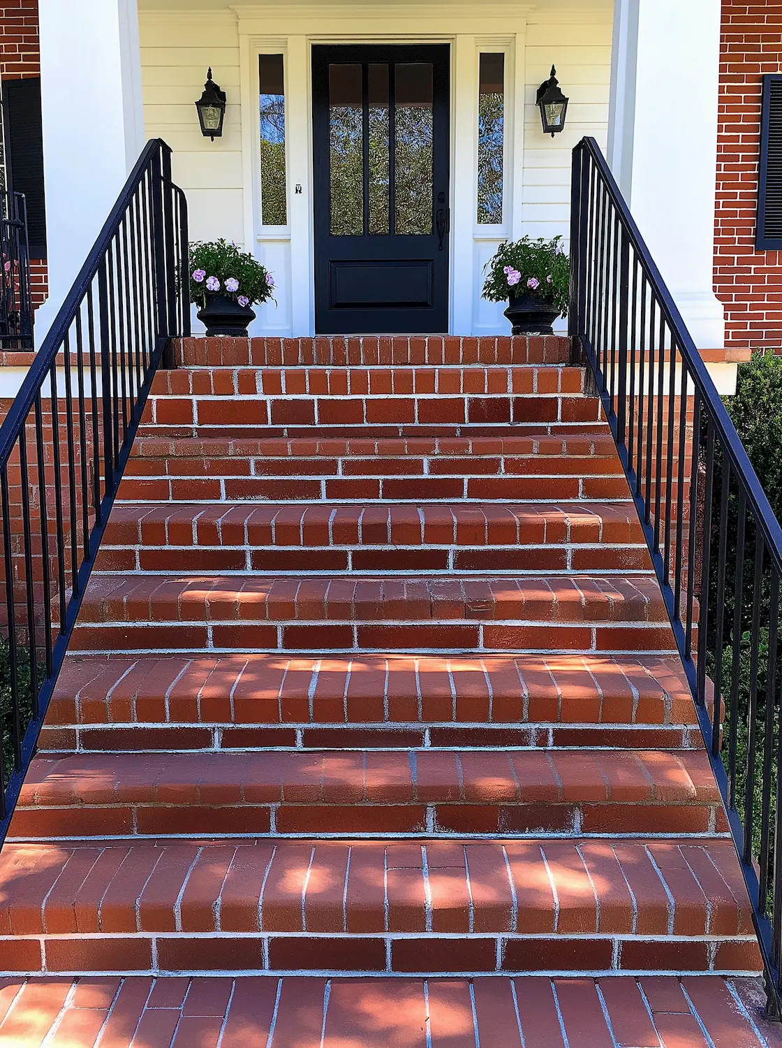 Brick steps lead up to a black door surrounded by potted flowers and railings