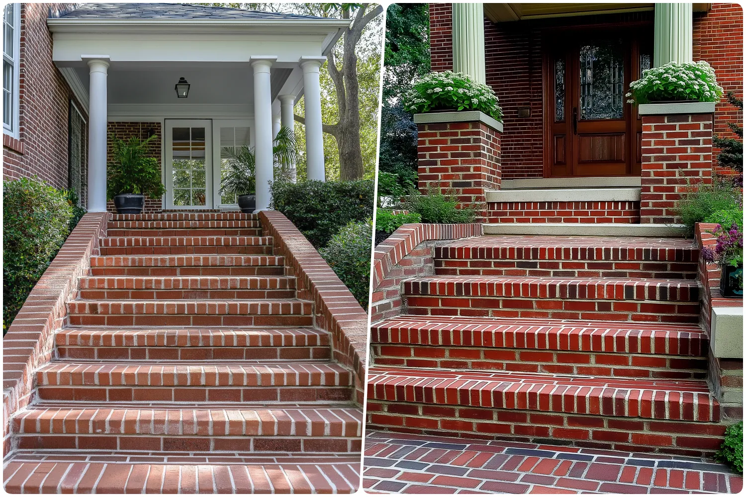 Brick steps lead up to a porch with white columns and greenery on the left, Brick steps leading to a welcoming wooden door with potted plants on the right