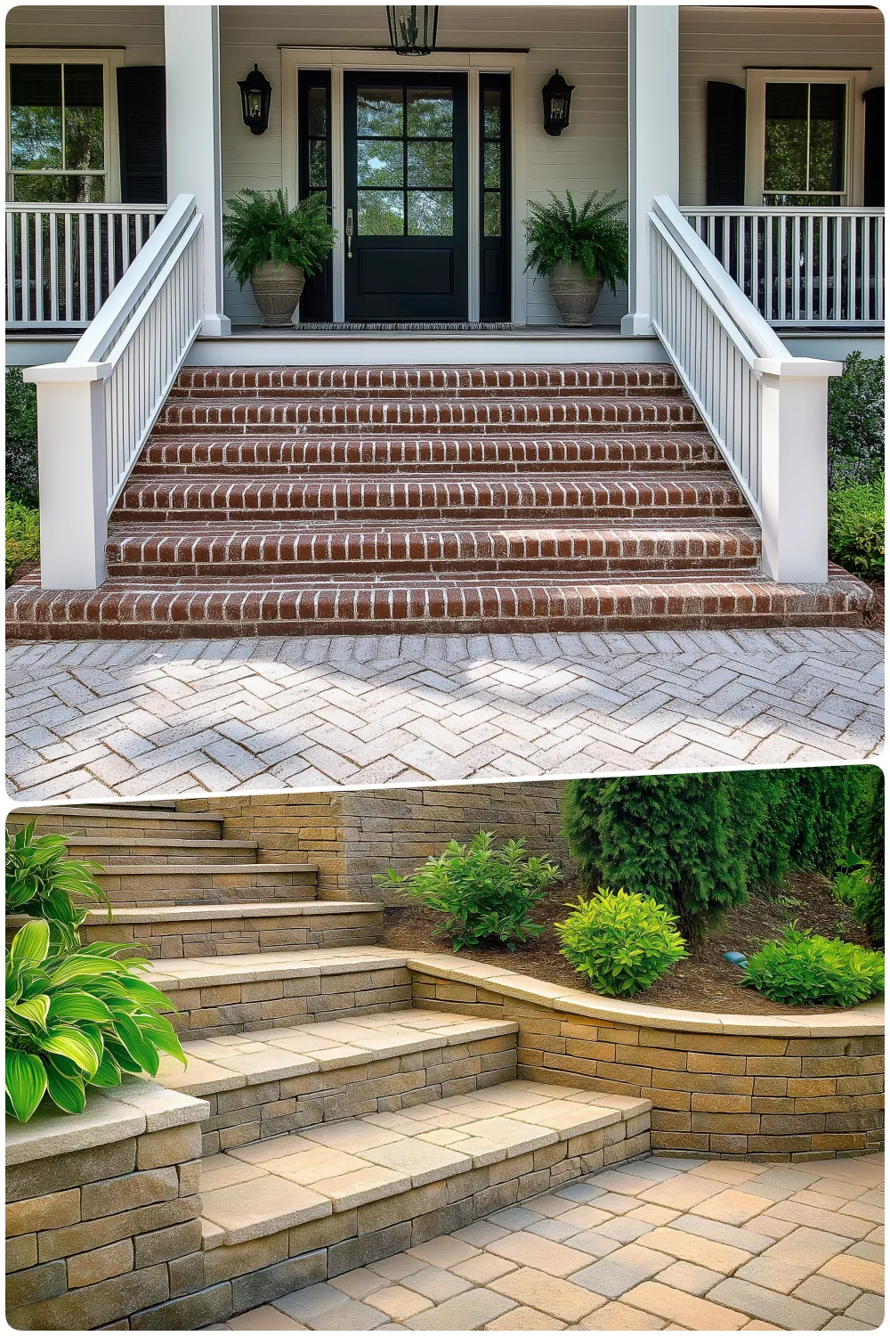 Brick steps leading to a house entrance surrounded by plants and lanterns, Stone steps with greenery leading to a garden area in a well-landscaped yard